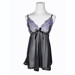 Y2K Sheer Floral Lace Babydoll Lingerie Nightie Black Purple Mesh Bow L